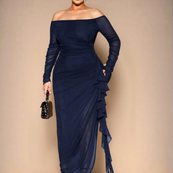 Elegant Navy Blue Off-Shoulder Ruched Ruffled Flowy Maxi Dress for a Romantic Party Look - Chic, Classy and Trendy Fashion Style to Dress to Impress