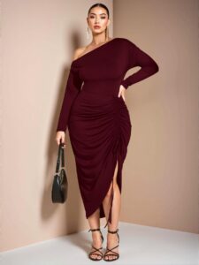 Elegant Burgundy Asymmetrical Neck Long Sleeve Drawstring Slit Hem Fitted Dress for Parties and Holidays – Chic, Classy, and Trendy Fashion Style to Dress to Impress