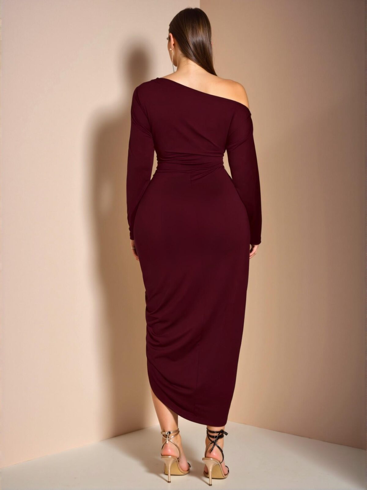 Elegant Burgundy Asymmetrical Neck Long Sleeve Drawstring Slit Hem Fitted Dress for Parties and Holidays – Chic, Classy, and Trendy Fashion Style to Dress to Impress - Image 2