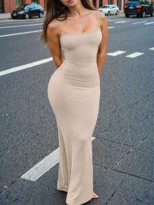 Elegant Beige Fitted Cami Dress for Spring and Summer - Chic, Classy, and Trendy Fashion Style to Dress to Impress