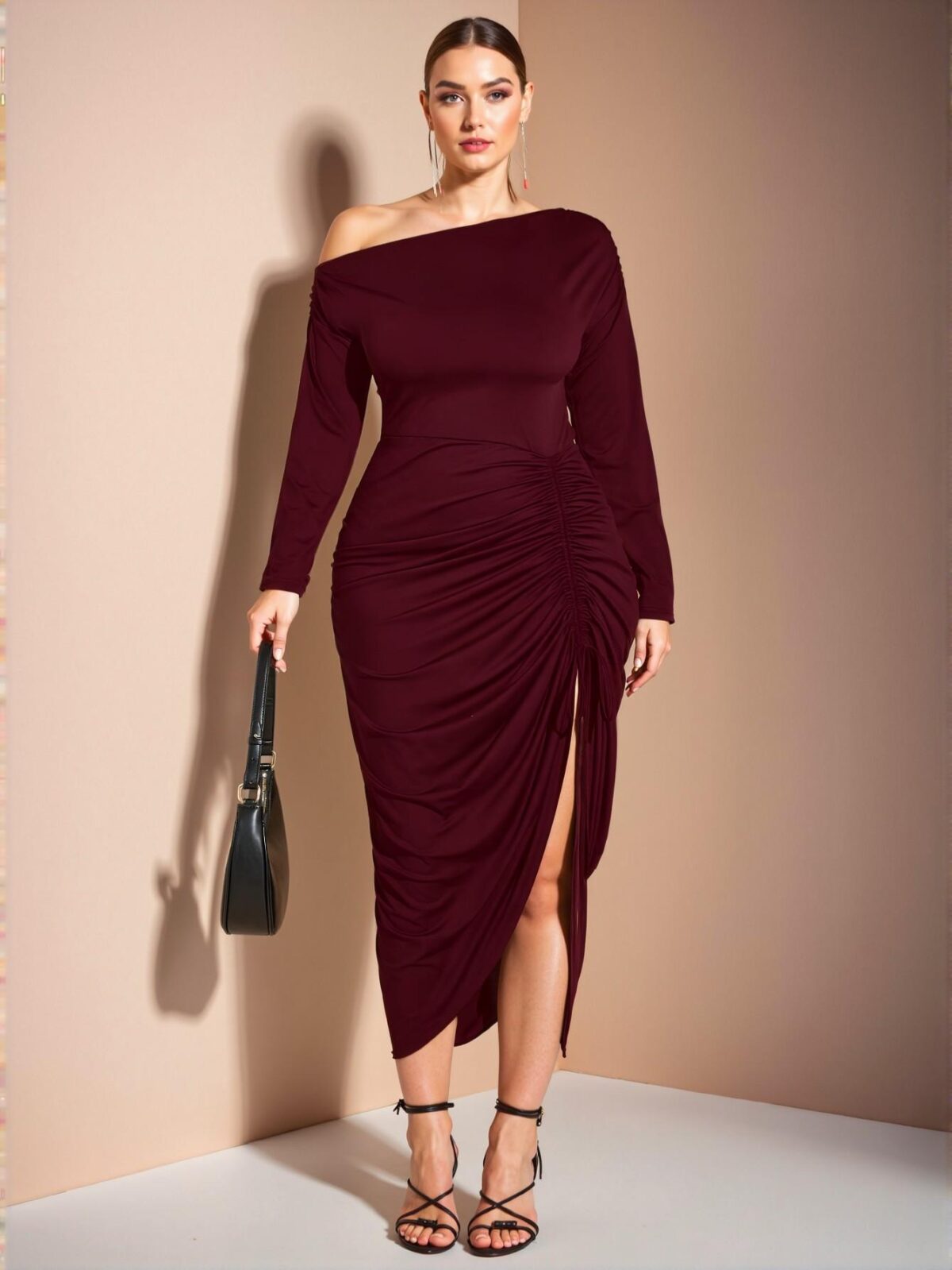 Elegant Burgundy Asymmetrical Neck Long Sleeve Drawstring Slit Hem Fitted Dress for Parties and Holidays – Chic, Classy, and Trendy Fashion Style to Dress to Impress - Image 5
