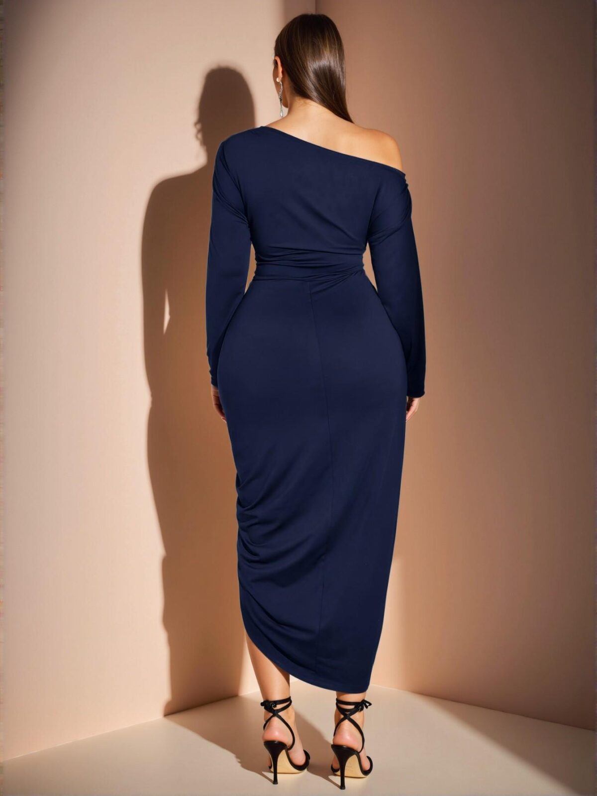 Elegant Navy Blue Asymmetrical Neck Long Sleeve Drawstring Fitted Bodycon Dress for Parties and Holidays - Chic, Classy and Trendy Fashion Style to Dress to Impress - Image 2