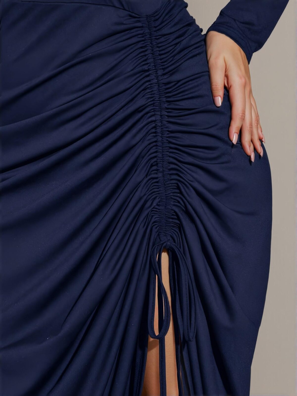 Elegant Navy Blue Asymmetrical Neck Long Sleeve Drawstring Fitted Bodycon Dress for Parties and Holidays - Chic, Classy and Trendy Fashion Style to Dress to Impress - Image 3