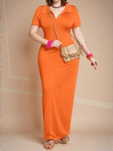Elegant Orange Casual Plus Size V-Neck Short Sleeve Bodycon Maxi Dress with Polo Collar and Split Detail for a Chic, Classy and Trendy Fashion Style to Dress to Impress