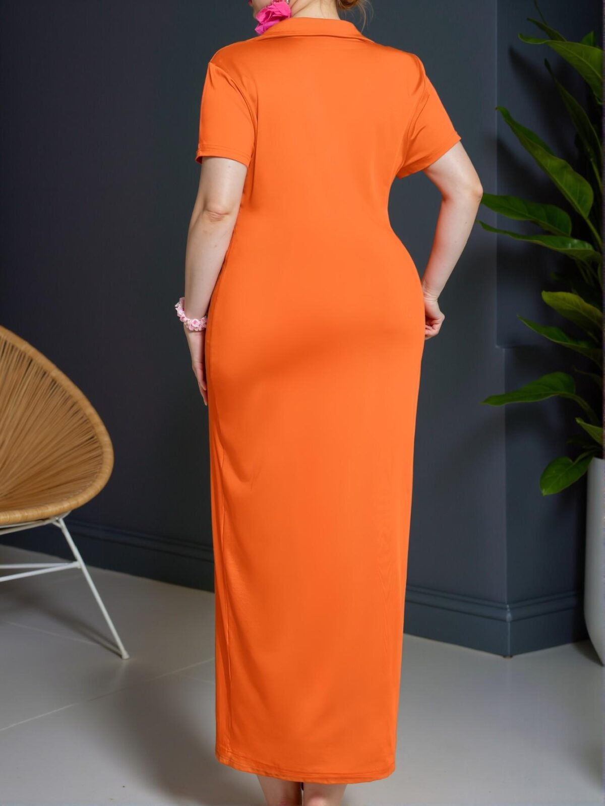 Elegant Orange Casual Plus Size V-Neck Short Sleeve Bodycon Maxi Dress with Polo Collar and Split Detail for a Chic, Classy and Trendy Fashion Style to Dress to Impress - Image 2