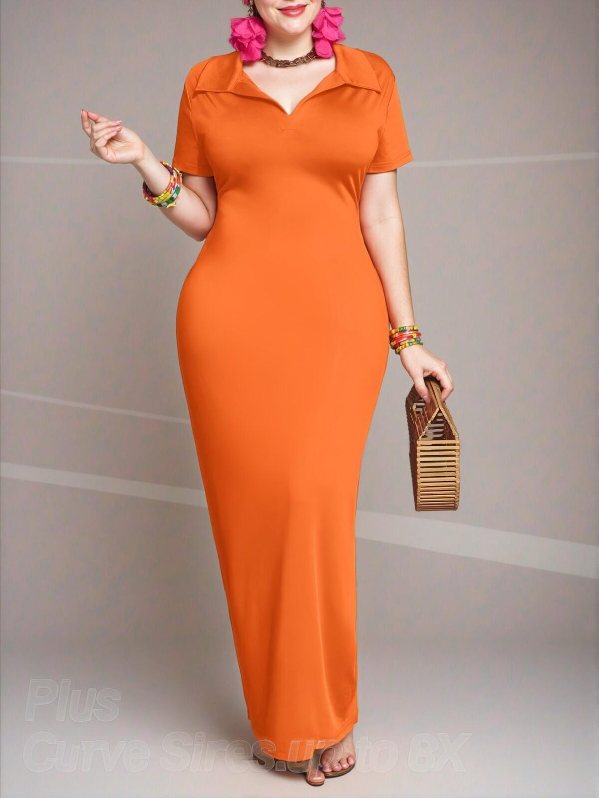 Elegant Orange Casual Plus Size V-Neck Short Sleeve Bodycon Maxi Dress with Polo Collar and Split Detail for a Chic, Classy and Trendy Fashion Style to Dress to Impress - Image 5