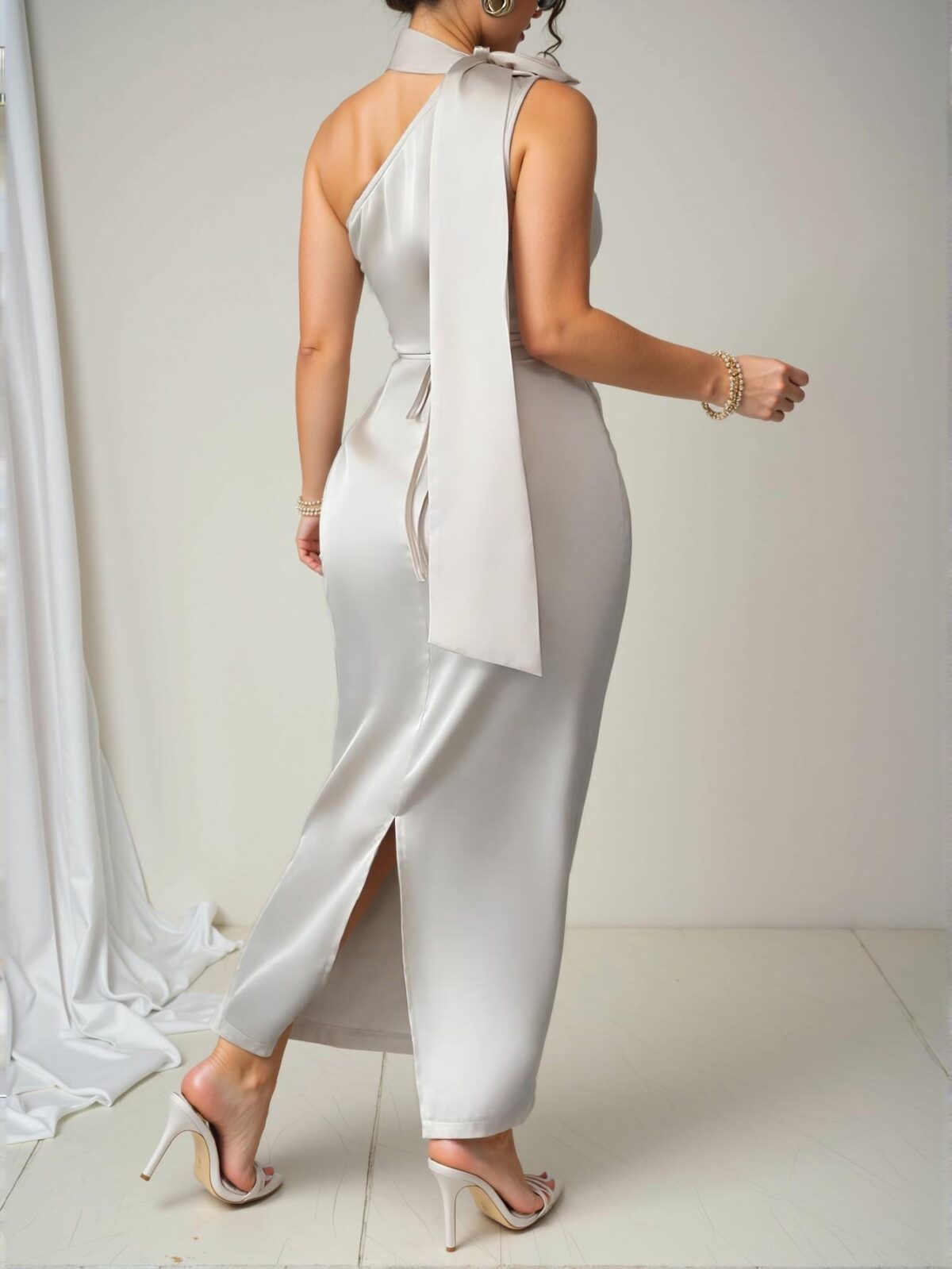 Elegant Apricot Asymmetrical Satin Ruffle Dress with Layered Bodycon Design for Versatile Occasions, Chic Vacation Essential for Spring/Summer - Chic, Classy and Trendy Fashion Style to Dress to Impress - Image 2