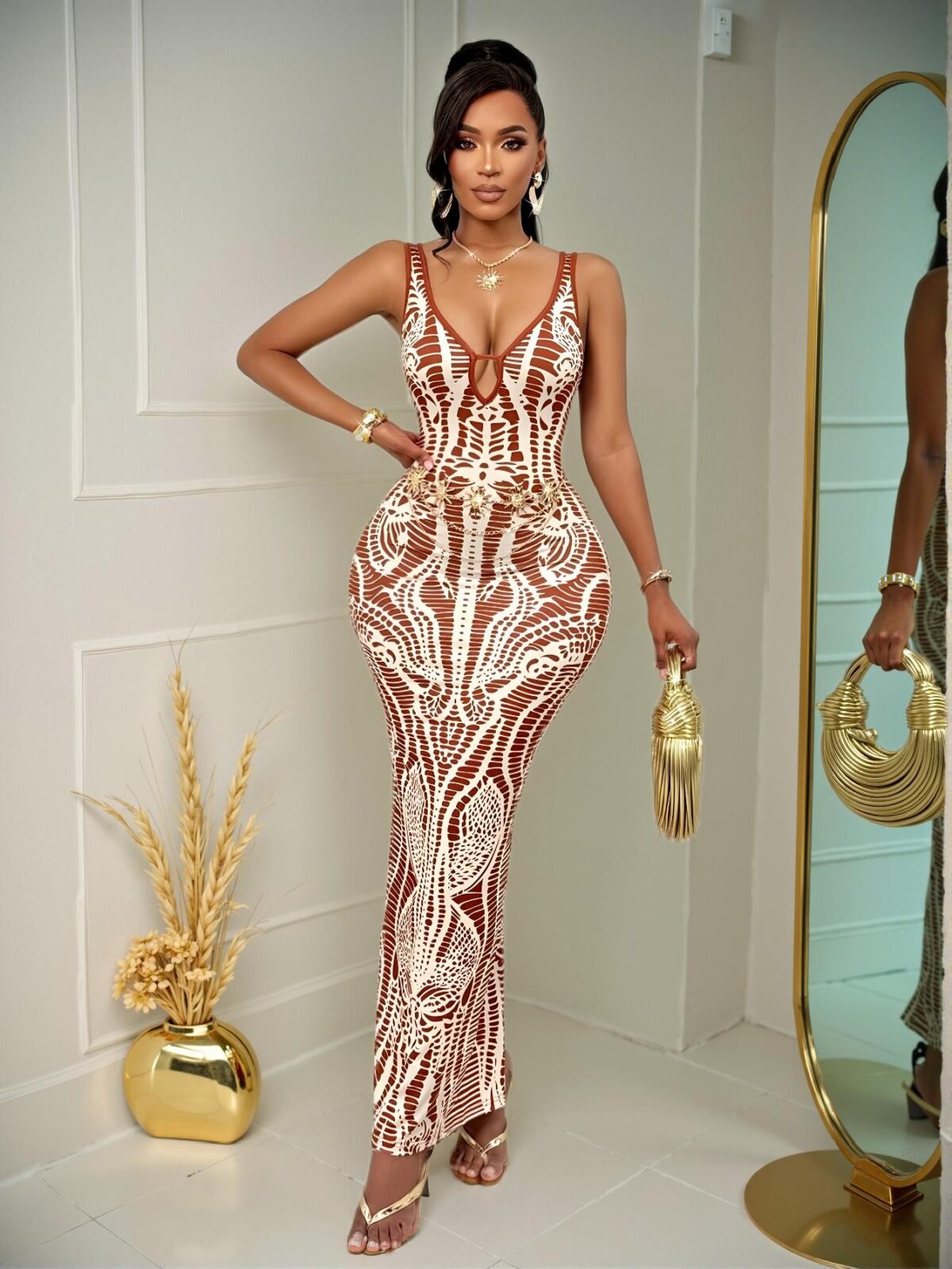 Elegant Brown Vintage Print Deep V-Neck Backless Long Dress with Chest Cutout for Spring and Summer - Chic, Classy, and Trendy Fashion Style to Dress to Impress - Image 2