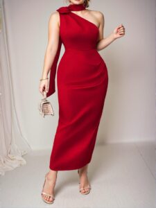Elegant Red Flowy Ruffle High-End Satin Dress, Graceful Bodycon Maxi with Asymmetrical Neckline, Perfect for Any Occasion - Chic, Classy and Trendy Fashion Style to Dress to Impress