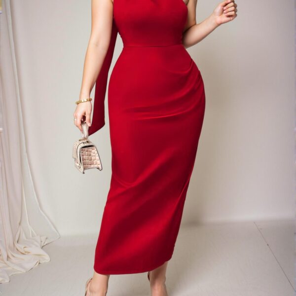 Elegant Red Flowy Ruffle High-End Satin Dress, Graceful Bodycon Maxi with Asymmetrical Neckline, Perfect for Any Occasion - Chic, Classy and Trendy Fashion Style to Dress to Impress
