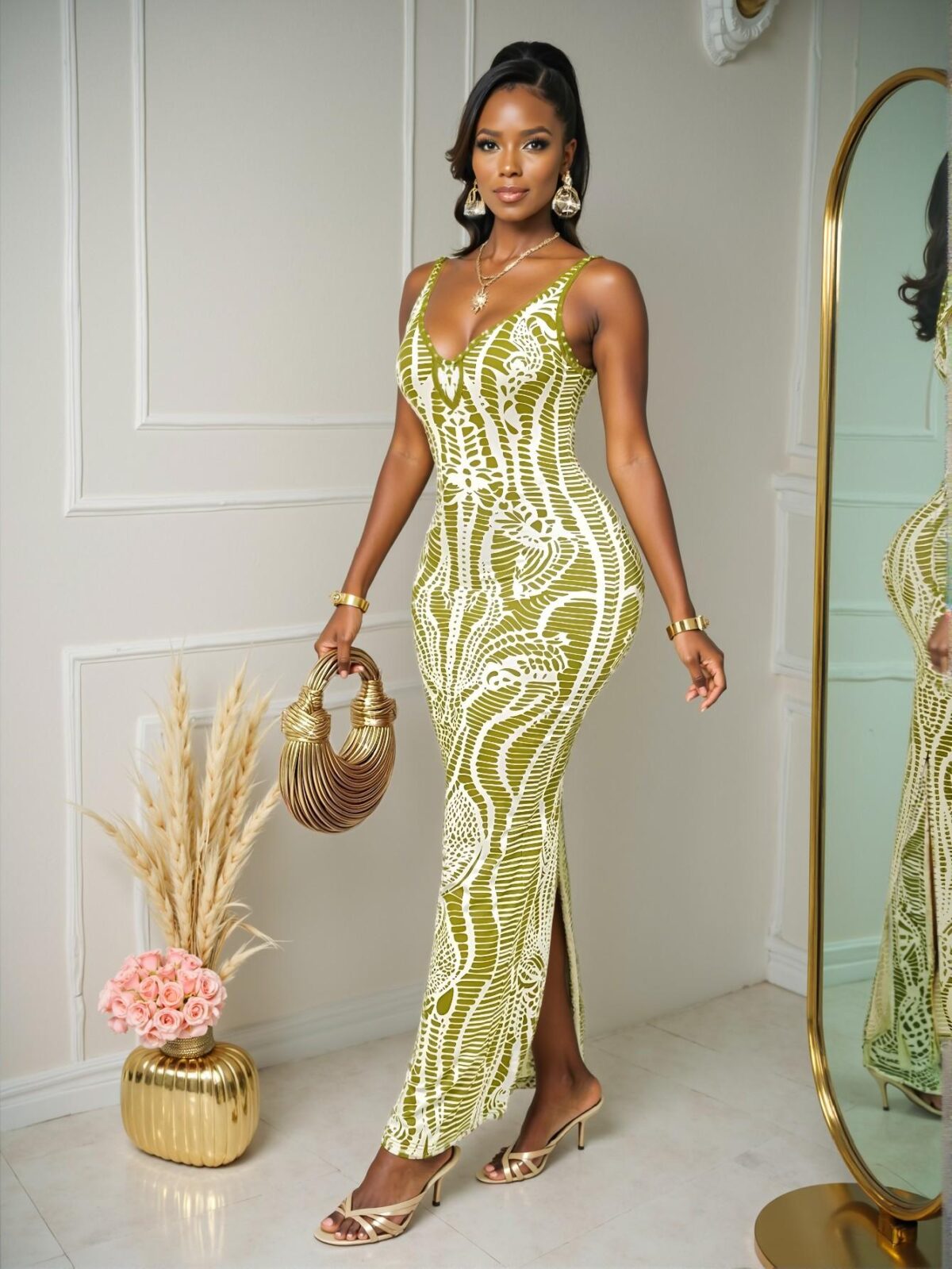 Elegant Green Flirty Vintage Print Deep V-Neck Sleeveless Backless Long Dress Perfect for Spring and Summer Fun "Chic, Classy and Trendy Fashion Style to Dress to Impress"