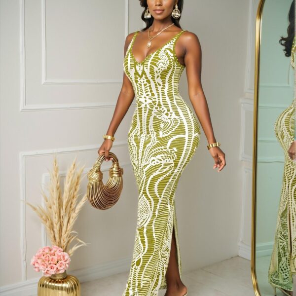 Elegant Green Flirty Vintage Print Deep V-Neck Sleeveless Backless Long Dress Perfect for Spring and Summer Fun "Chic, Classy and Trendy Fashion Style to Dress to Impress"