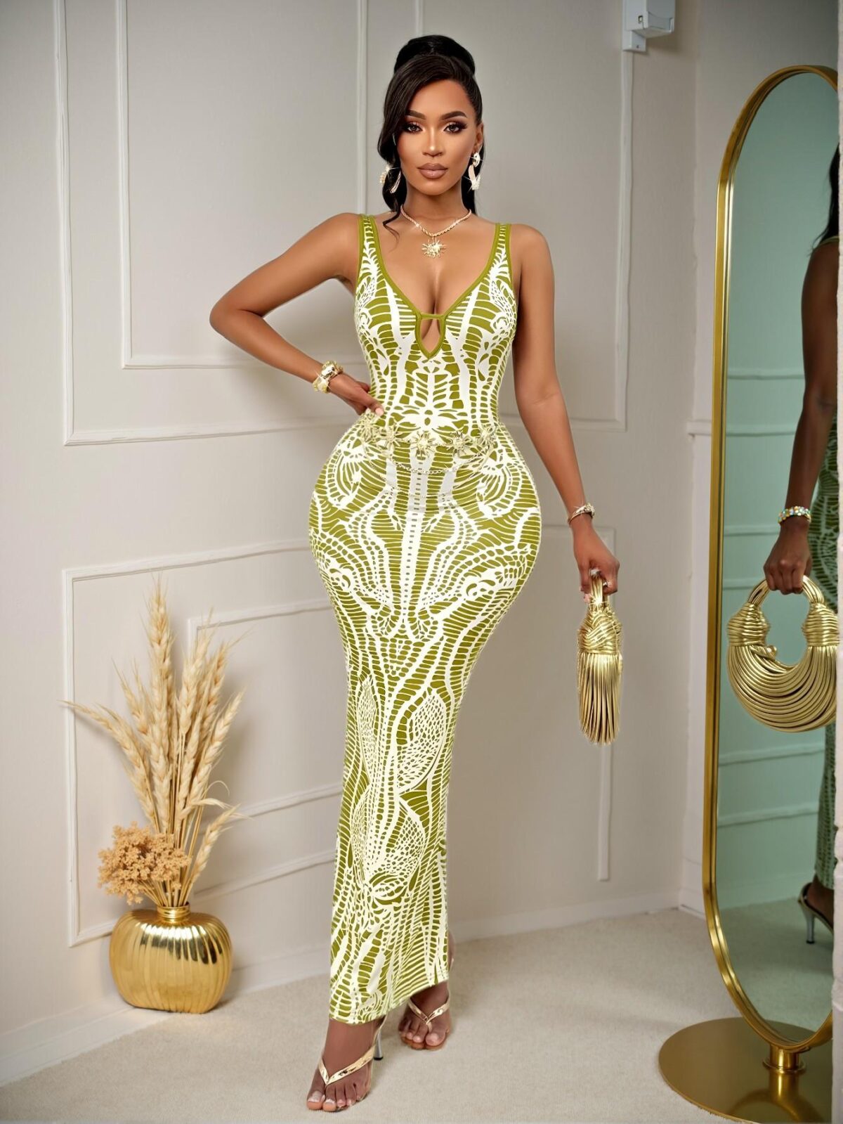 Elegant Green Flirty Vintage Print Deep V-Neck Sleeveless Backless Long Dress Perfect for Spring and Summer Fun "Chic, Classy and Trendy Fashion Style to Dress to Impress" - Image 2