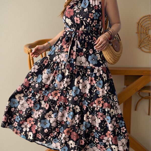 Elegant Black Floral Print Halter Tie Back A-Line Maxi Dress, Stylish Boho Chic Outfit for Beach Vacations, Pool Parties, and Brunch Gatherings "Chic, Classy and Trendy Fashion Style to Dress to Impress"