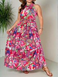 Elegant Hot Pink Bohemian Floral Print Halter Maxi Dress for Summer Beach Parties and Vacation Outfits - Chic, Classy and Trendy Fashion Style to Dress to Impress