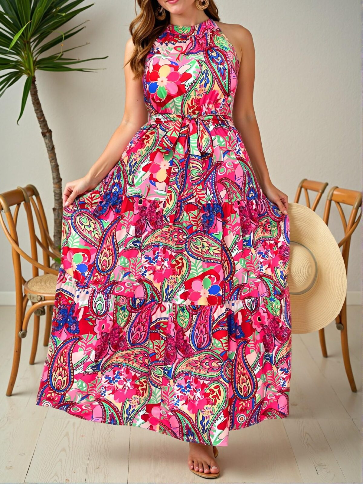 Elegant Hot Pink Bohemian Floral Print Halter Maxi Dress for Summer Beach Parties and Vacation Outfits - Chic, Classy and Trendy Fashion Style to Dress to Impress - Image 2