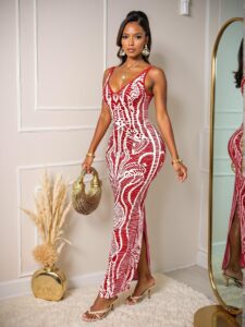 Elegant Red Vintage-Style Backless Long Dress with Deep V-Neck and Chest Cutout for Beach Getaways - Chic, Classy and Trendy Fashion Style to Dress to Impress