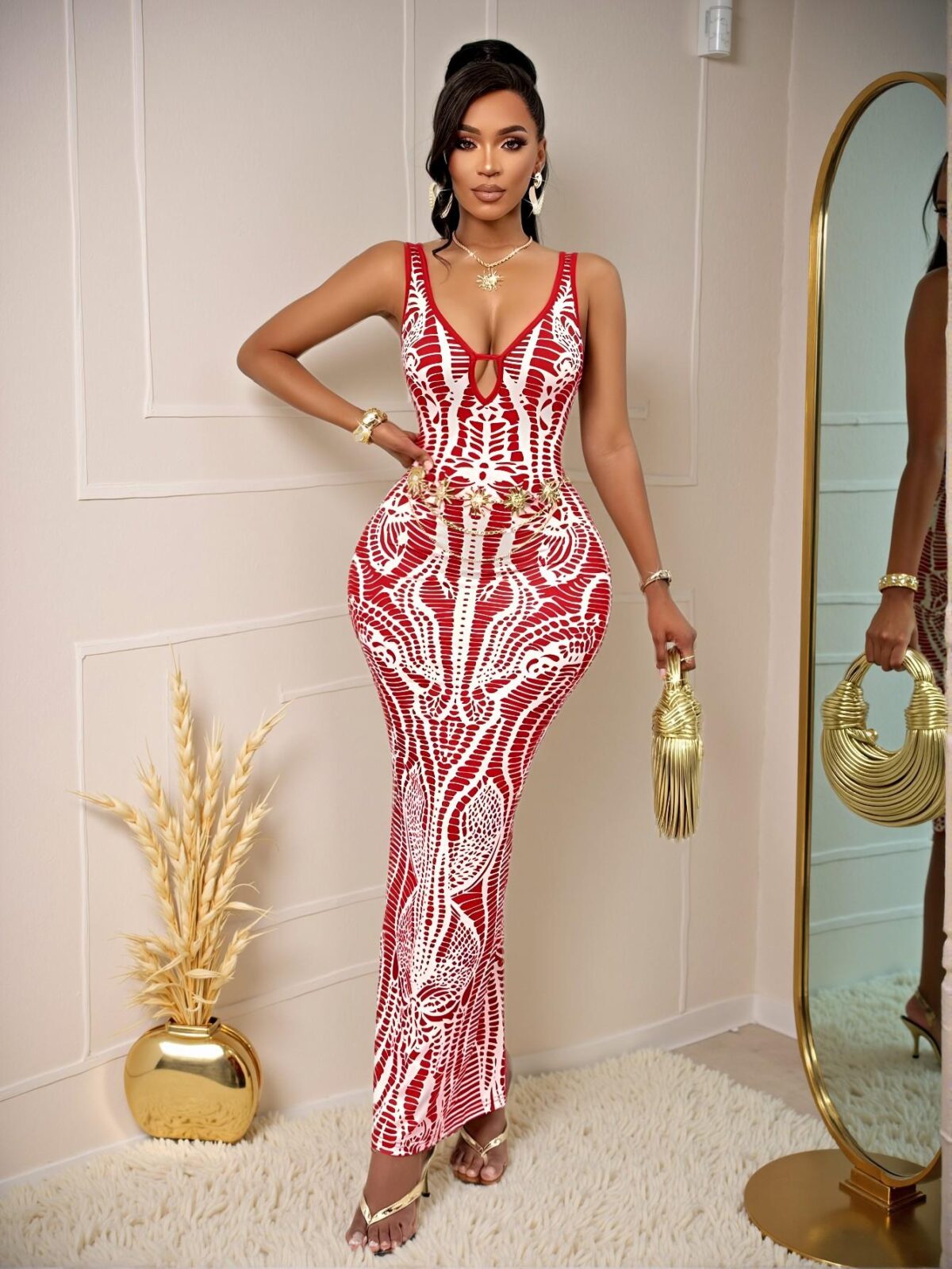 Elegant Red Vintage-Style Backless Long Dress with Deep V-Neck and Chest Cutout for Beach Getaways - Chic, Classy and Trendy Fashion Style to Dress to Impress - Image 2