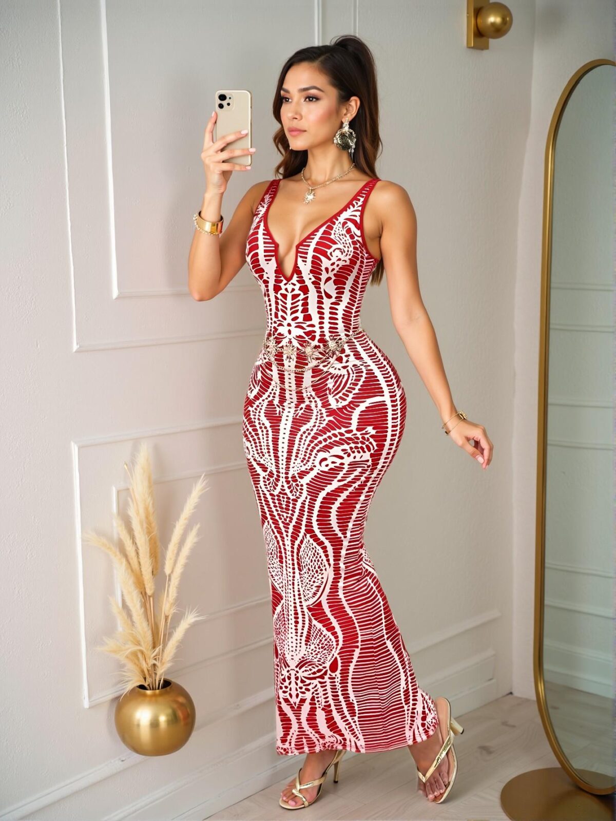 Elegant Red Vintage-Style Backless Long Dress with Deep V-Neck and Chest Cutout for Beach Getaways - Chic, Classy and Trendy Fashion Style to Dress to Impress - Image 4