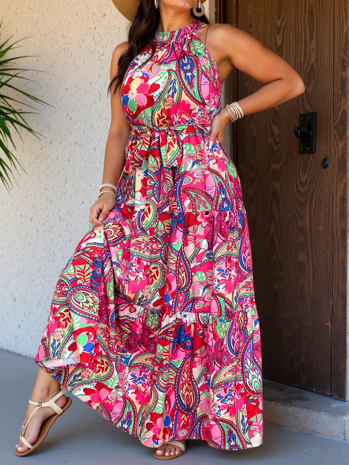 Elegant Hot Pink Bohemian Floral Print Halter Maxi Dress for Summer Beach Parties and Vacation Outfits - Chic, Classy and Trendy Fashion Style to Dress to Impress - Image 5