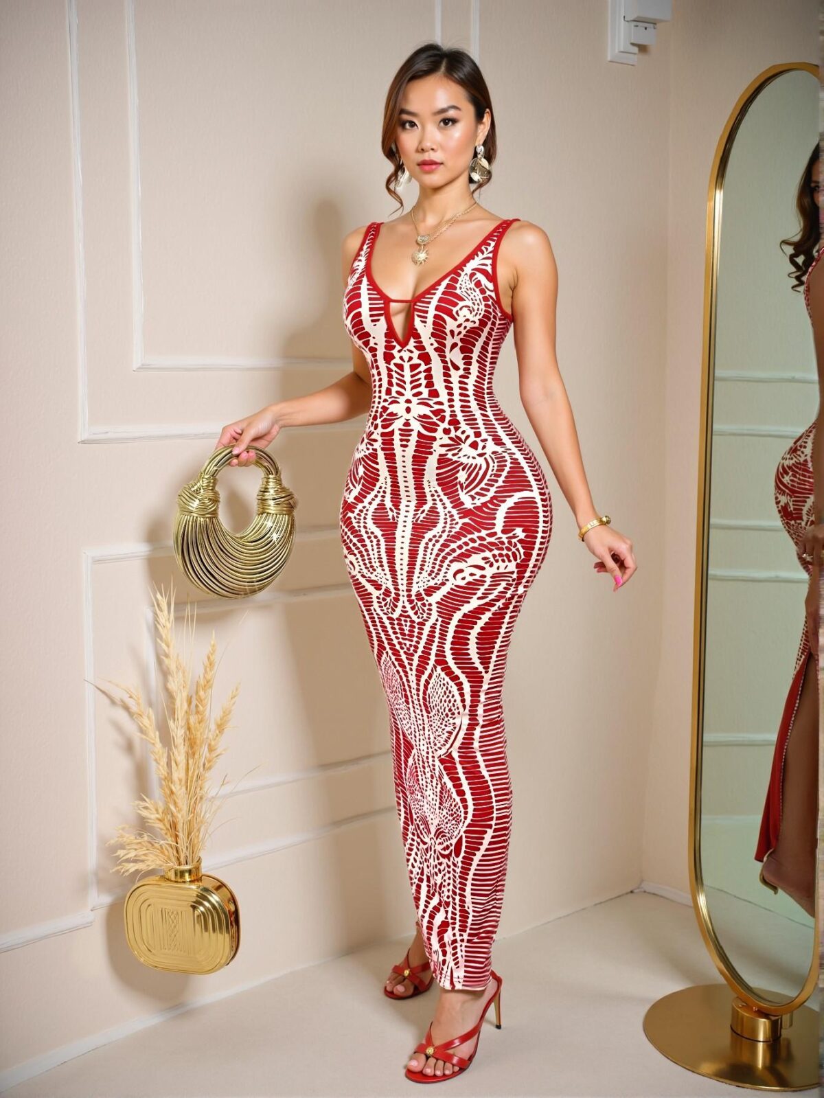 Elegant Red Vintage-Style Backless Long Dress with Deep V-Neck and Chest Cutout for Beach Getaways - Chic, Classy and Trendy Fashion Style to Dress to Impress - Image 5