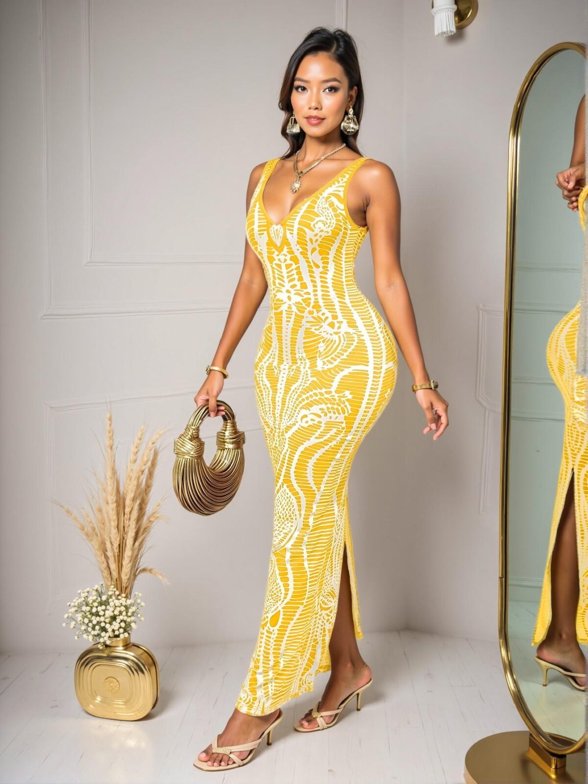 Elegant Yellow Vintage Print Deep V-Neckline Backless Sleeveless Long Dress for Beach Vacations—Chic, Classy and Trendy Fashion Style to Dress to Impress