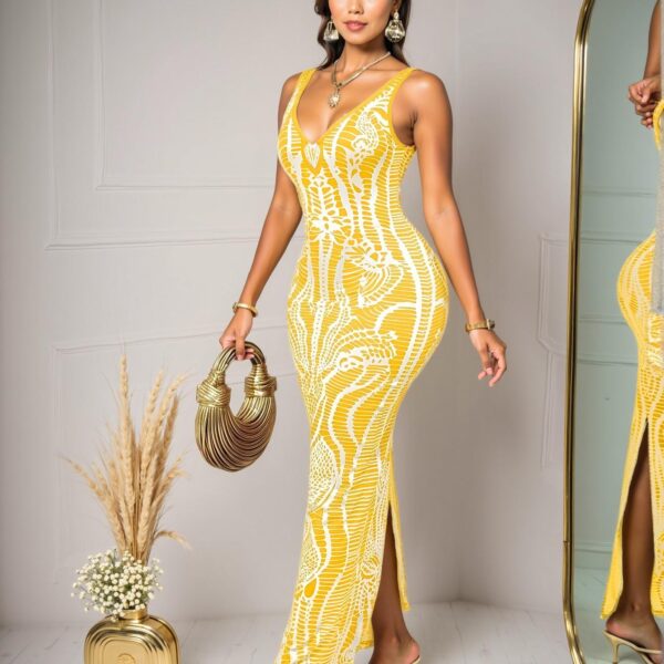 Elegant Yellow Vintage Print Deep V-Neckline Backless Sleeveless Long Dress for Beach Vacations—Chic, Classy and Trendy Fashion Style to Dress to Impress