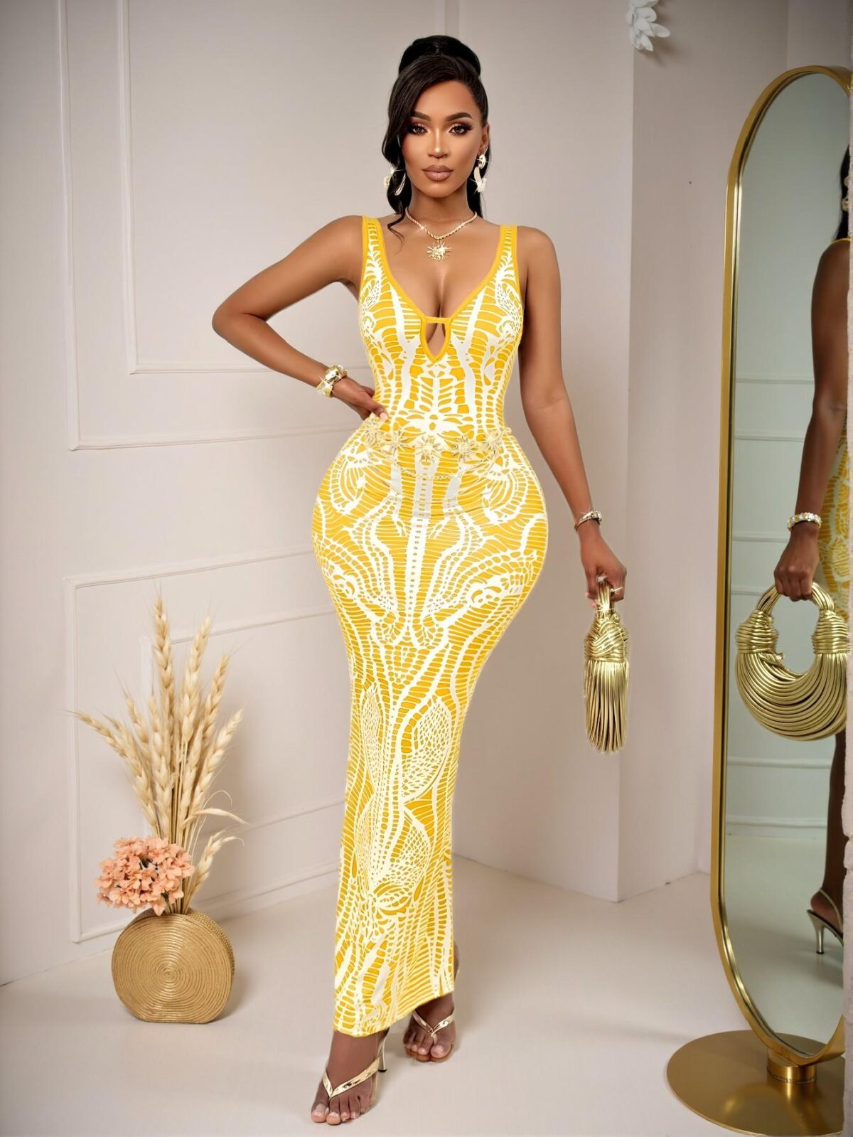 Elegant Yellow Vintage Print Deep V-Neckline Backless Sleeveless Long Dress for Beach Vacations—Chic, Classy and Trendy Fashion Style to Dress to Impress - Image 2