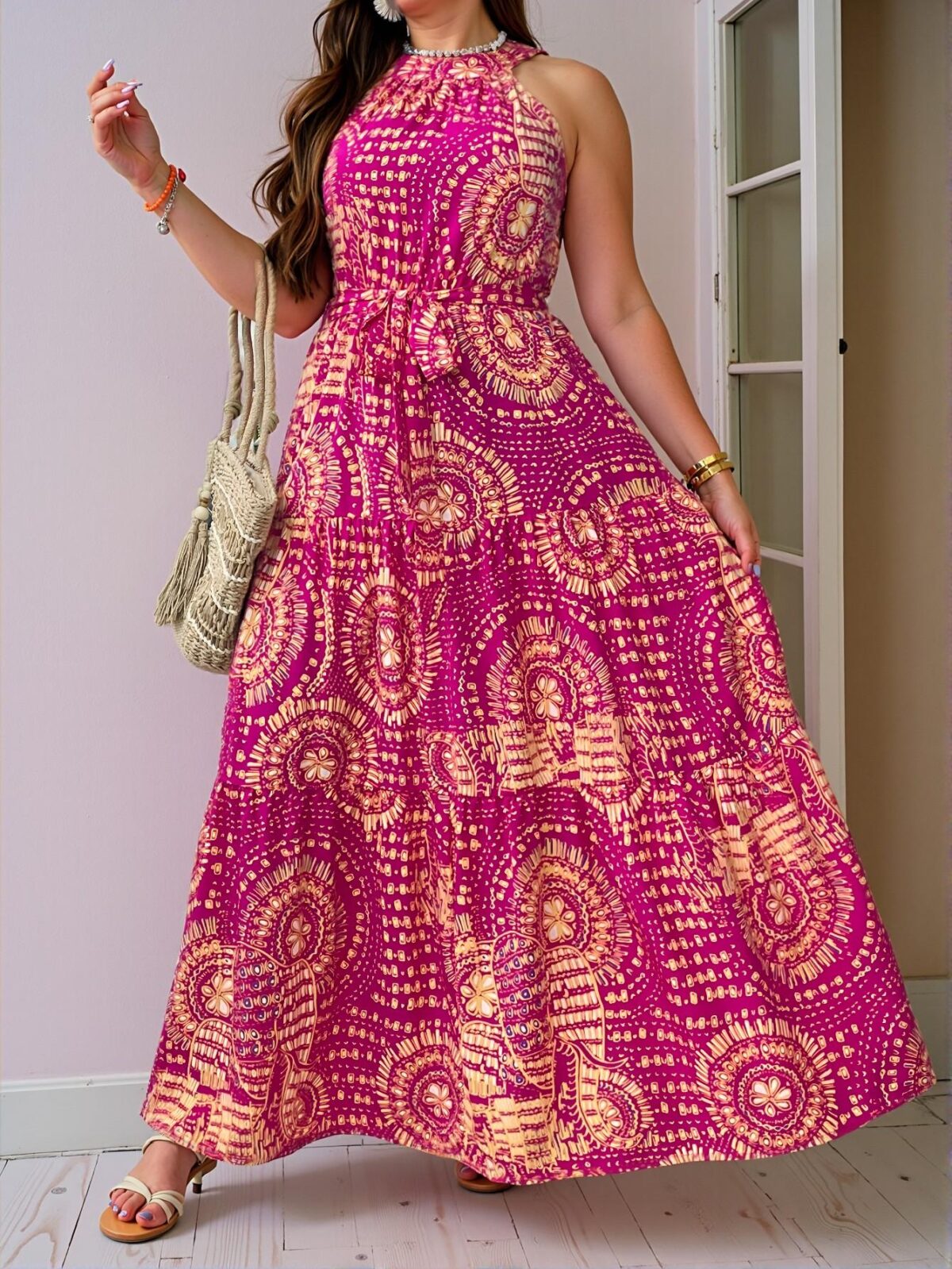 Elegant Hot Pink Flared A-Line Cami Dress with Ruffle Hem and Backless Design for Summer Vacations and Boho Style "Chic, Classy and Trendy Fashion Style to Dress to Impress" - Image 3