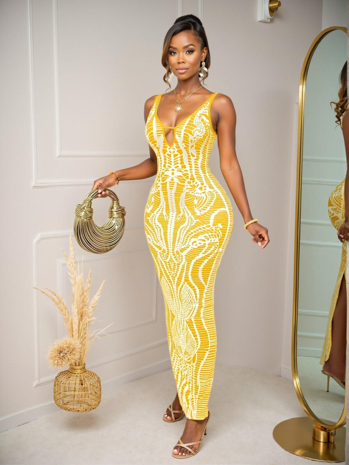 Elegant Yellow Vintage Print Deep V-Neckline Backless Sleeveless Long Dress for Beach Vacations—Chic, Classy and Trendy Fashion Style to Dress to Impress - Image 5