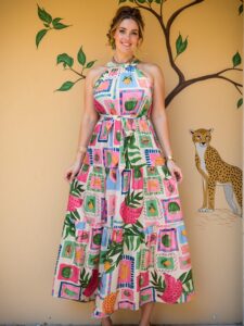 Elegant Multicolor Bohemian Tropical Fruit Print Halter Neck Casual Beach Dress - Chic, Classy and Trendy Fashion Style to Dress to Impress