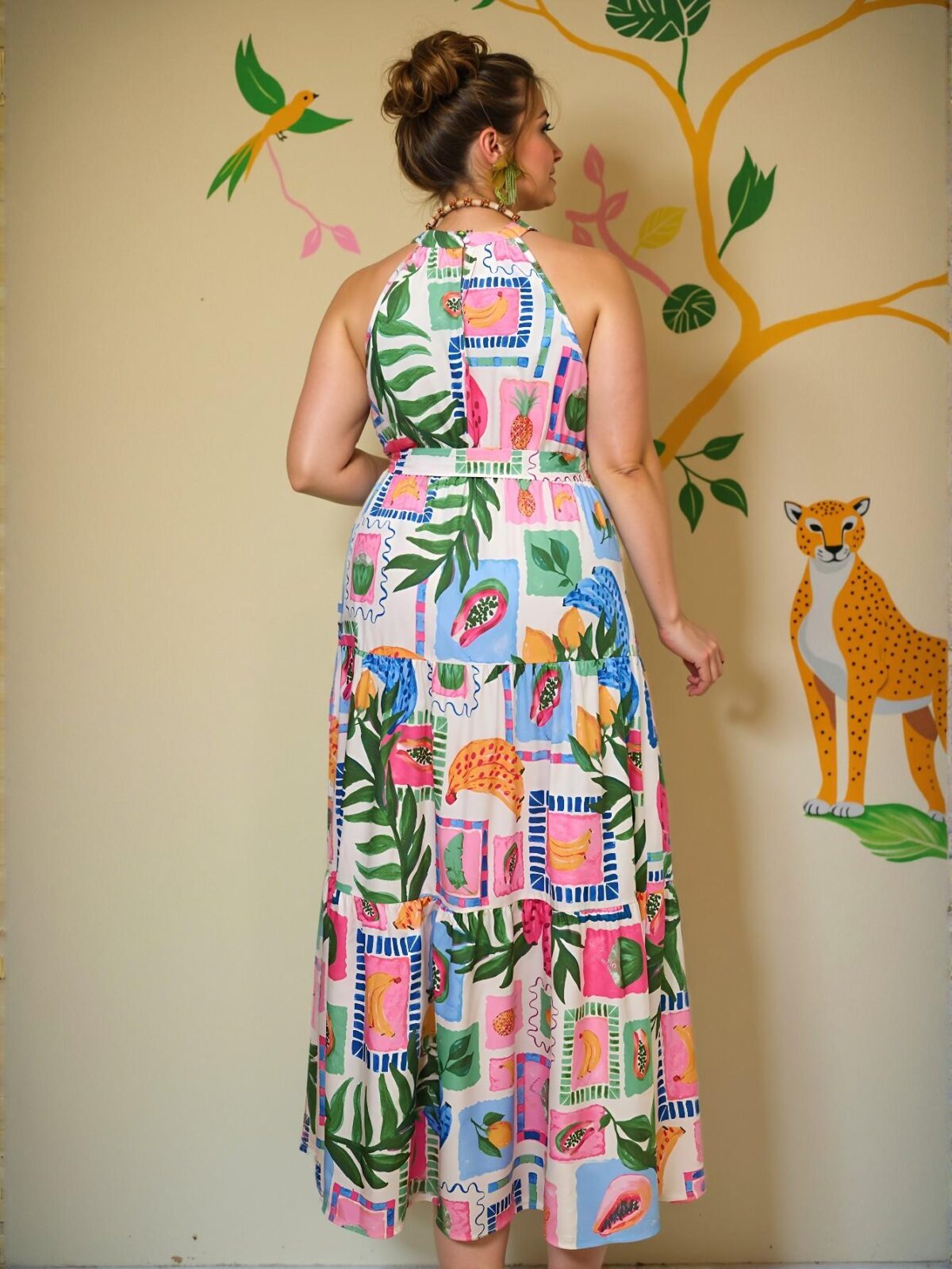 Elegant Multicolor Bohemian Tropical Fruit Print Halter Neck Casual Beach Dress - Chic, Classy and Trendy Fashion Style to Dress to Impress - Image 2