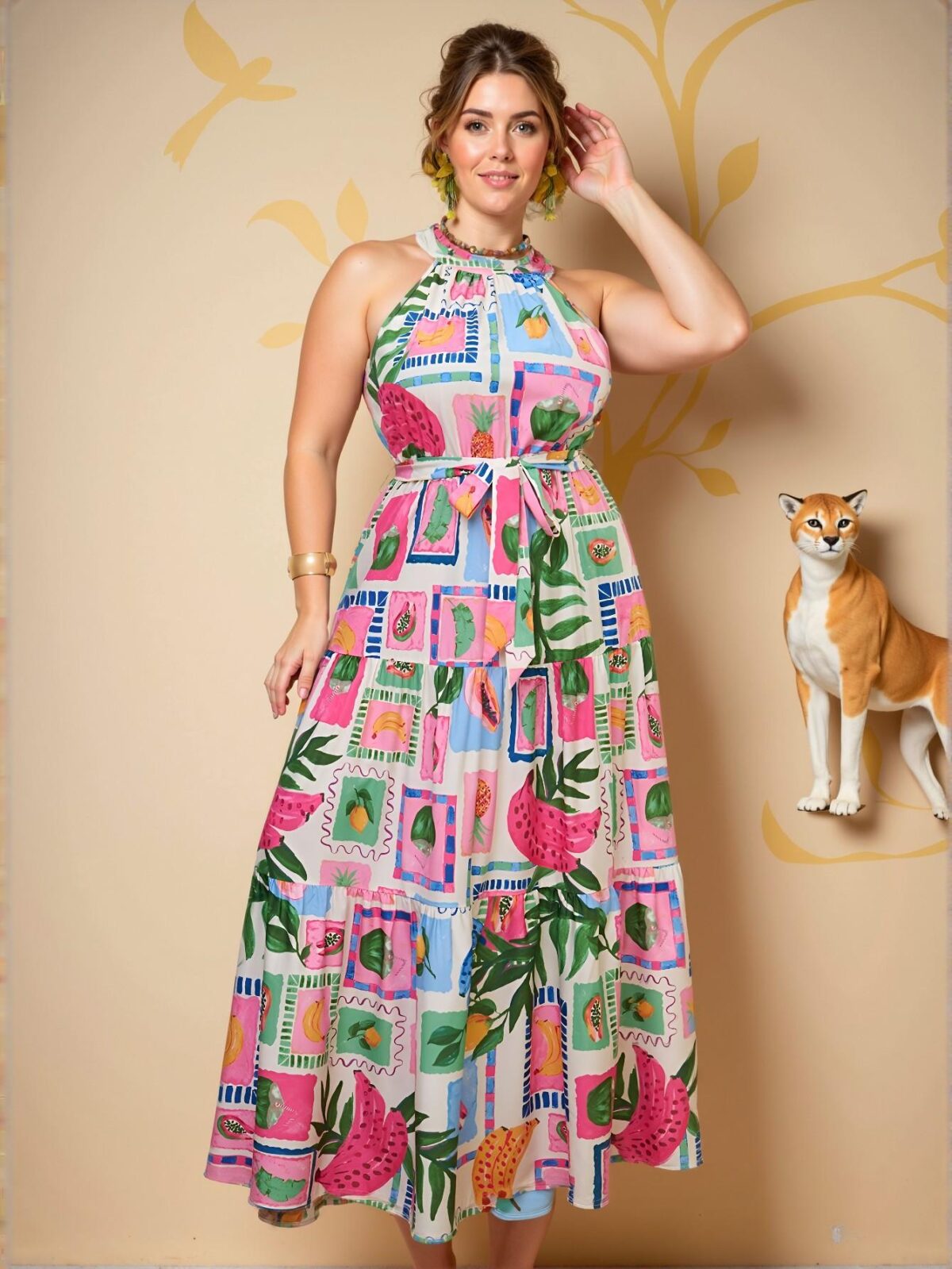 Elegant Multicolor Bohemian Tropical Fruit Print Halter Neck Casual Beach Dress - Chic, Classy and Trendy Fashion Style to Dress to Impress - Image 3