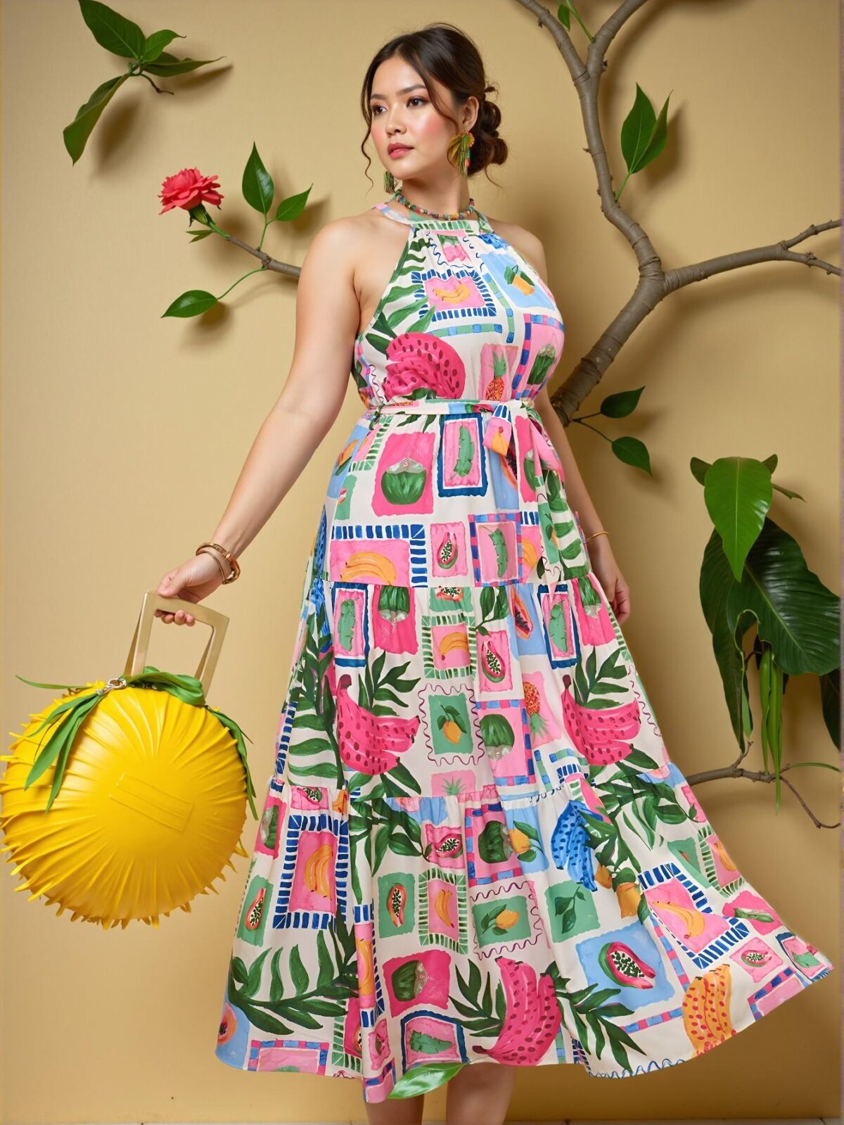 Elegant Multicolor Bohemian Tropical Fruit Print Halter Neck Casual Beach Dress - Chic, Classy and Trendy Fashion Style to Dress to Impress - Image 5
