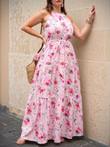 Elegant Pink Flowy Floral Print Ruffle Hem Halter Dress for Special Occasions and Vacation Adventures - Chic, Classy and Trendy Fashion Style to Dress to Impress