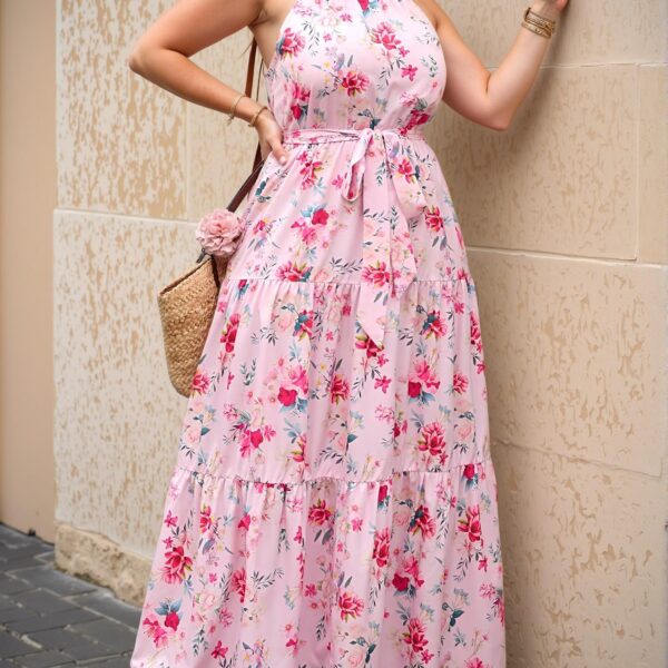 Elegant Pink Flowy Floral Print Ruffle Hem Halter Dress for Special Occasions and Vacation Adventures - Chic, Classy and Trendy Fashion Style to Dress to Impress