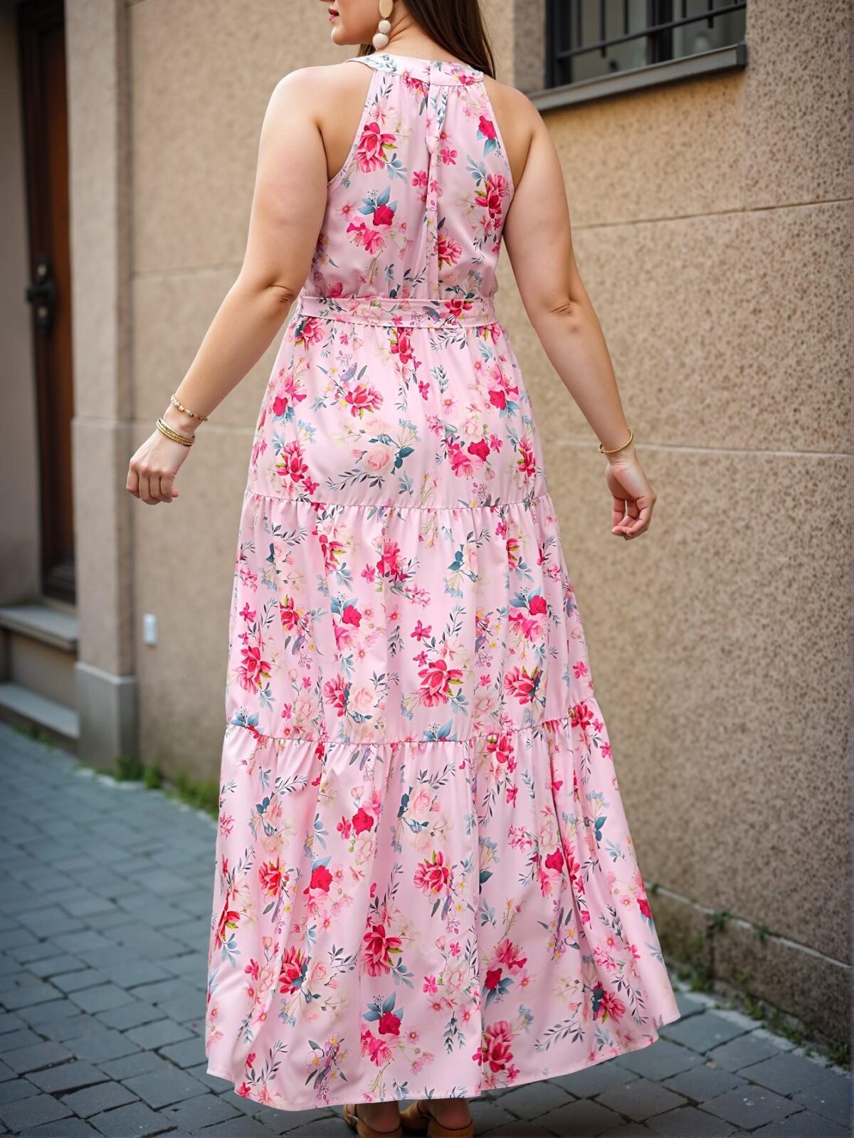 Elegant Pink Flowy Floral Print Ruffle Hem Halter Dress for Special Occasions and Vacation Adventures - Chic, Classy and Trendy Fashion Style to Dress to Impress - Image 2