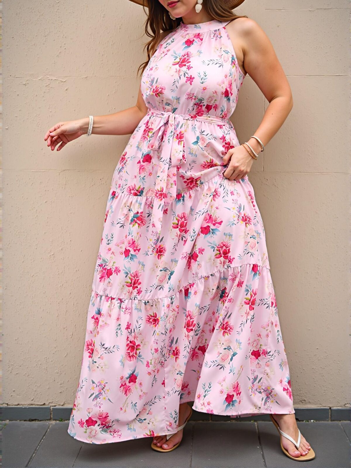 Elegant Pink Flowy Floral Print Ruffle Hem Halter Dress for Special Occasions and Vacation Adventures - Chic, Classy and Trendy Fashion Style to Dress to Impress - Image 4