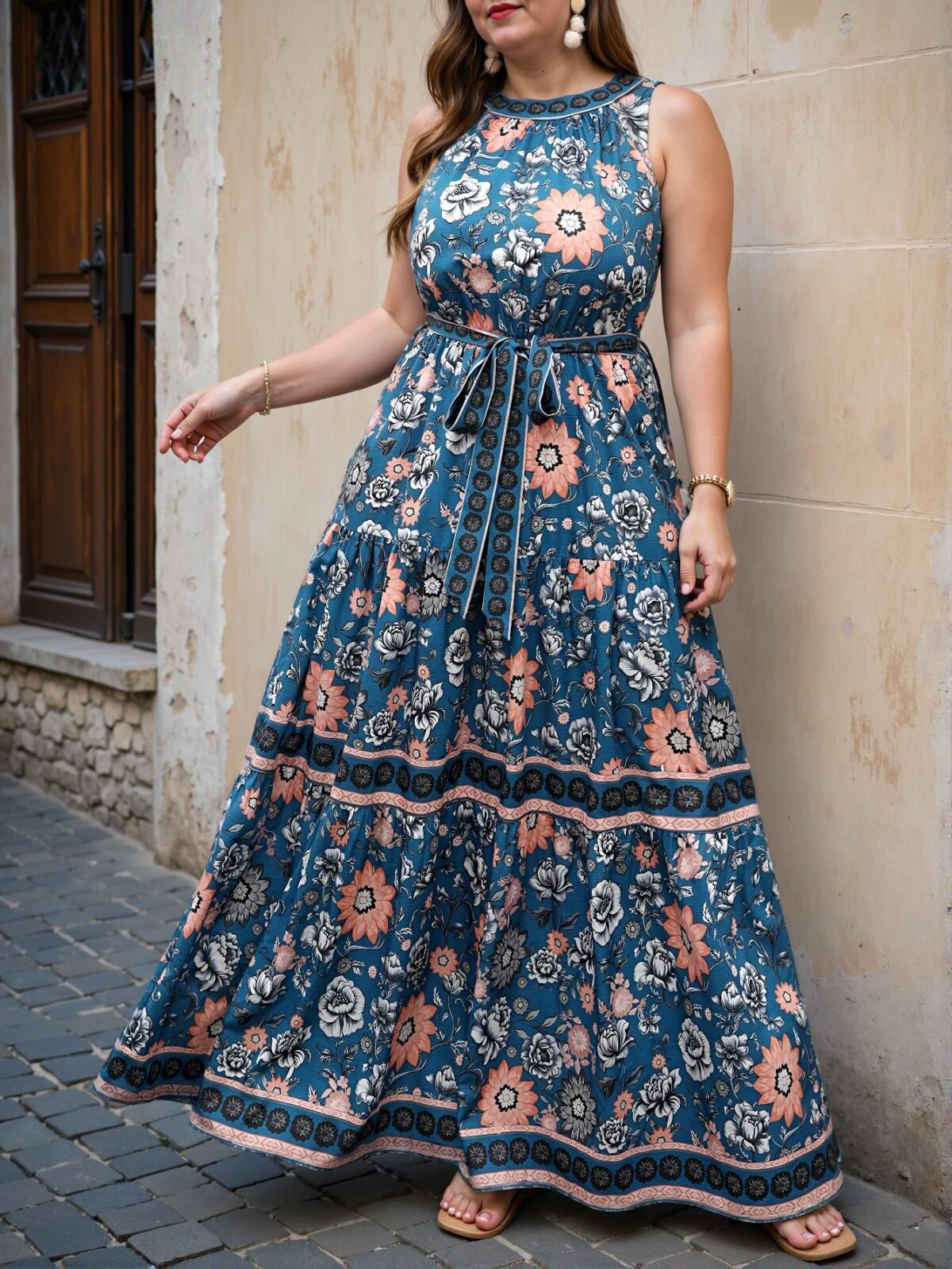 Elegant Navy Blue Charming Floral Halter Neck A-Line Dress with Ruffle Hem, Chic, Classy and Trendy Fashion Style to Dress to Impress