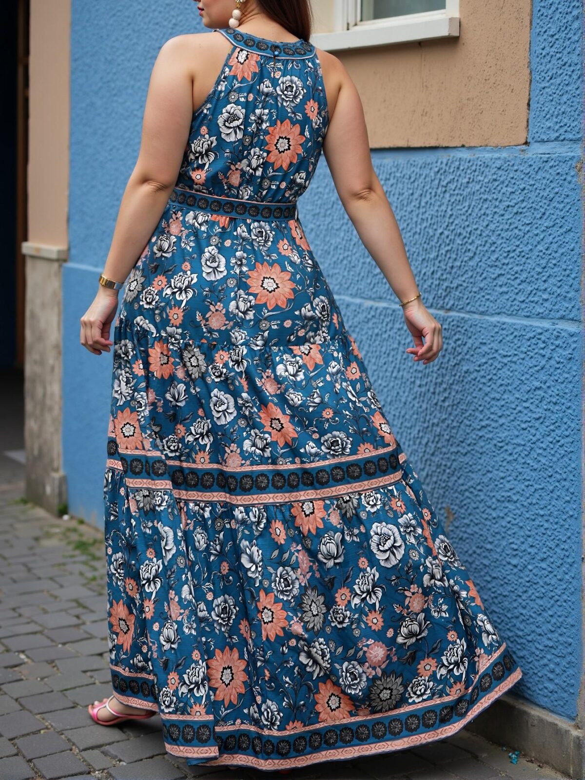Elegant Navy Blue Charming Floral Halter Neck A-Line Dress with Ruffle Hem, Chic, Classy and Trendy Fashion Style to Dress to Impress - Image 2