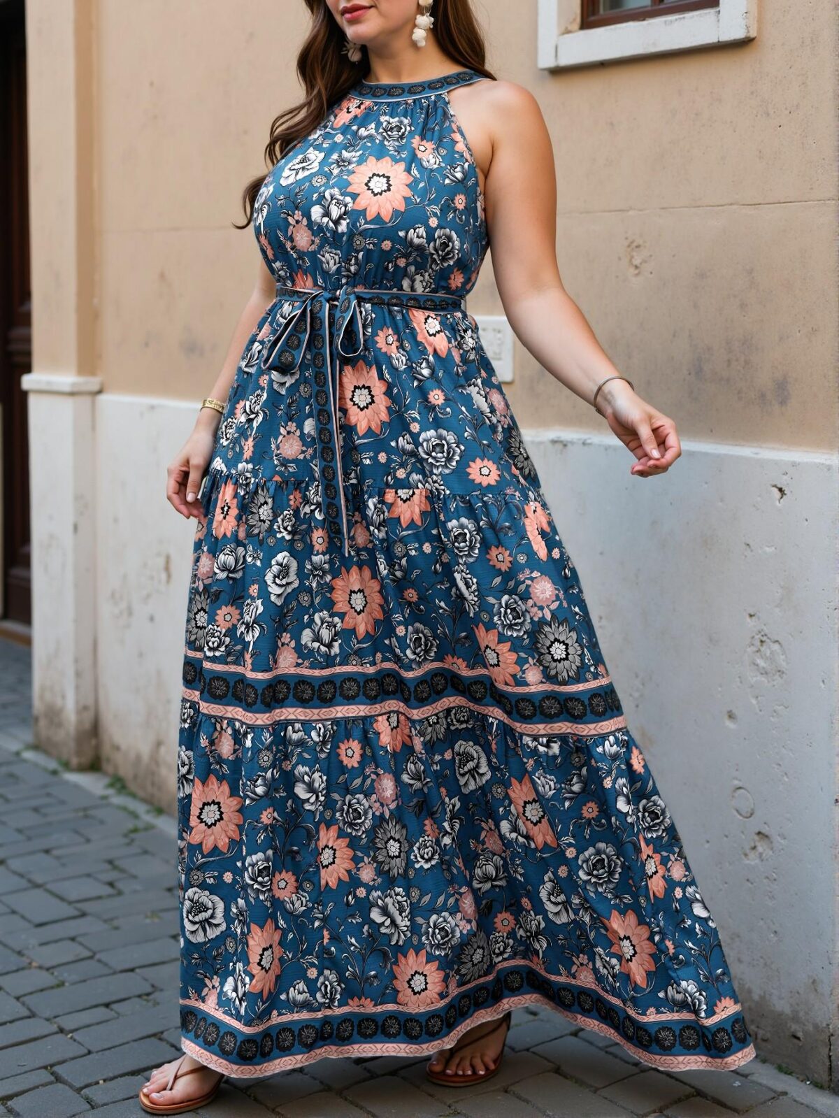 Elegant Navy Blue Charming Floral Halter Neck A-Line Dress with Ruffle Hem, Chic, Classy and Trendy Fashion Style to Dress to Impress - Image 3