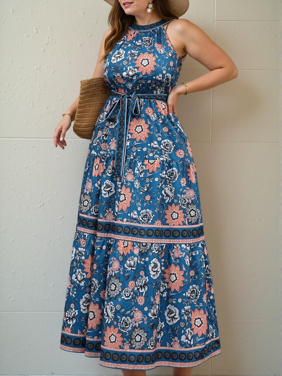 Elegant Navy Blue Charming Floral Halter Neck A-Line Dress with Ruffle Hem, Chic, Classy and Trendy Fashion Style to Dress to Impress - Image 5