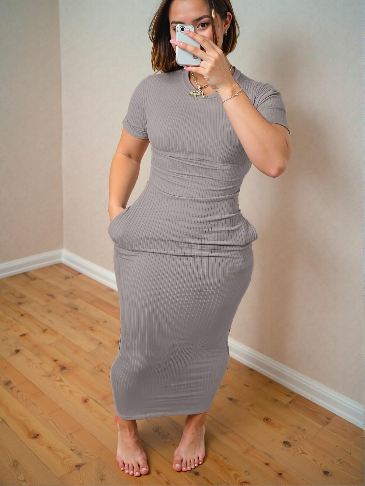 Elegant Grey Casual Midi Dress with Pocket for Spring and Summer - Chic, Classy and Trendy Fashion Style to Dress to Impress.