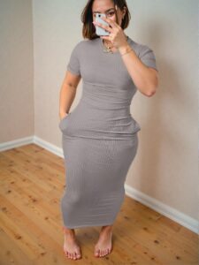 Elegant Grey Casual Midi Dress with Pocket for Spring and Summer - Chic, Classy and Trendy Fashion Style to Dress to Impress.