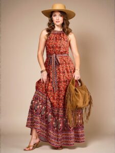 Elegant Redwood Vintage-Inspired Sleeveless Casual Dress with Ruffle Hem and High Waist for Women, Perfect for Country Concerts and Tropical Vacations - Chic, Classy, and Trendy Fashion Style to Dress to Impress