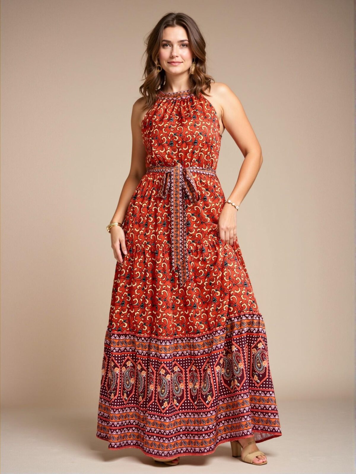 Elegant Redwood Vintage-Inspired Sleeveless Casual Dress with Ruffle Hem and High Waist for Women, Perfect for Country Concerts and Tropical Vacations - Chic, Classy, and Trendy Fashion Style to Dress to Impress - Image 5