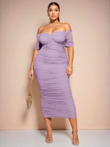 Elegant Mauve Purple Sophisticated One-Shoulder Gathered Midi Dress for Women’s Birthdays - Chic, Classy and Trendy Fashion Style to Dress to Impress