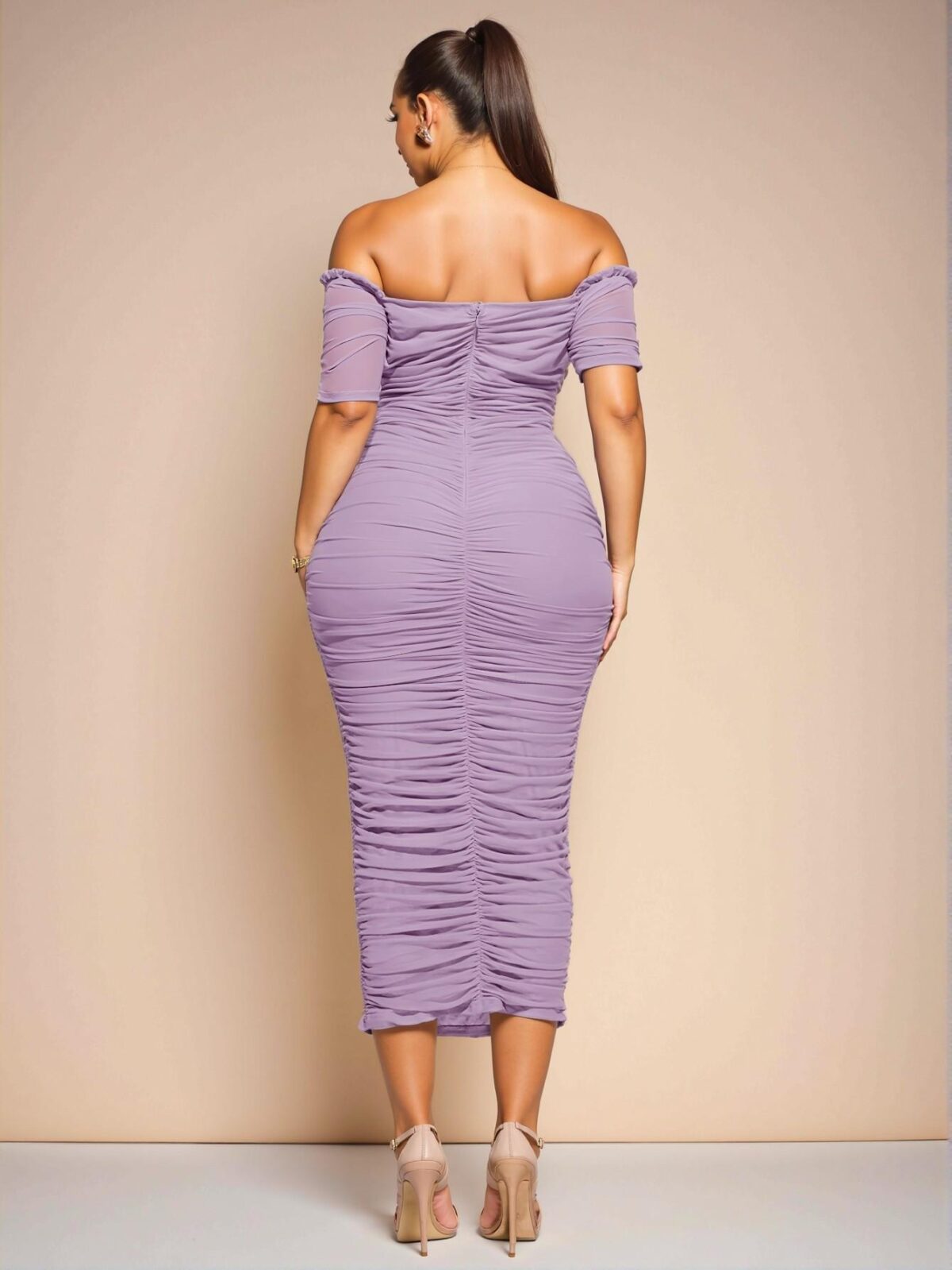 Elegant Mauve Purple Sophisticated One-Shoulder Gathered Midi Dress for Women’s Birthdays - Chic, Classy and Trendy Fashion Style to Dress to Impress - Image 2
