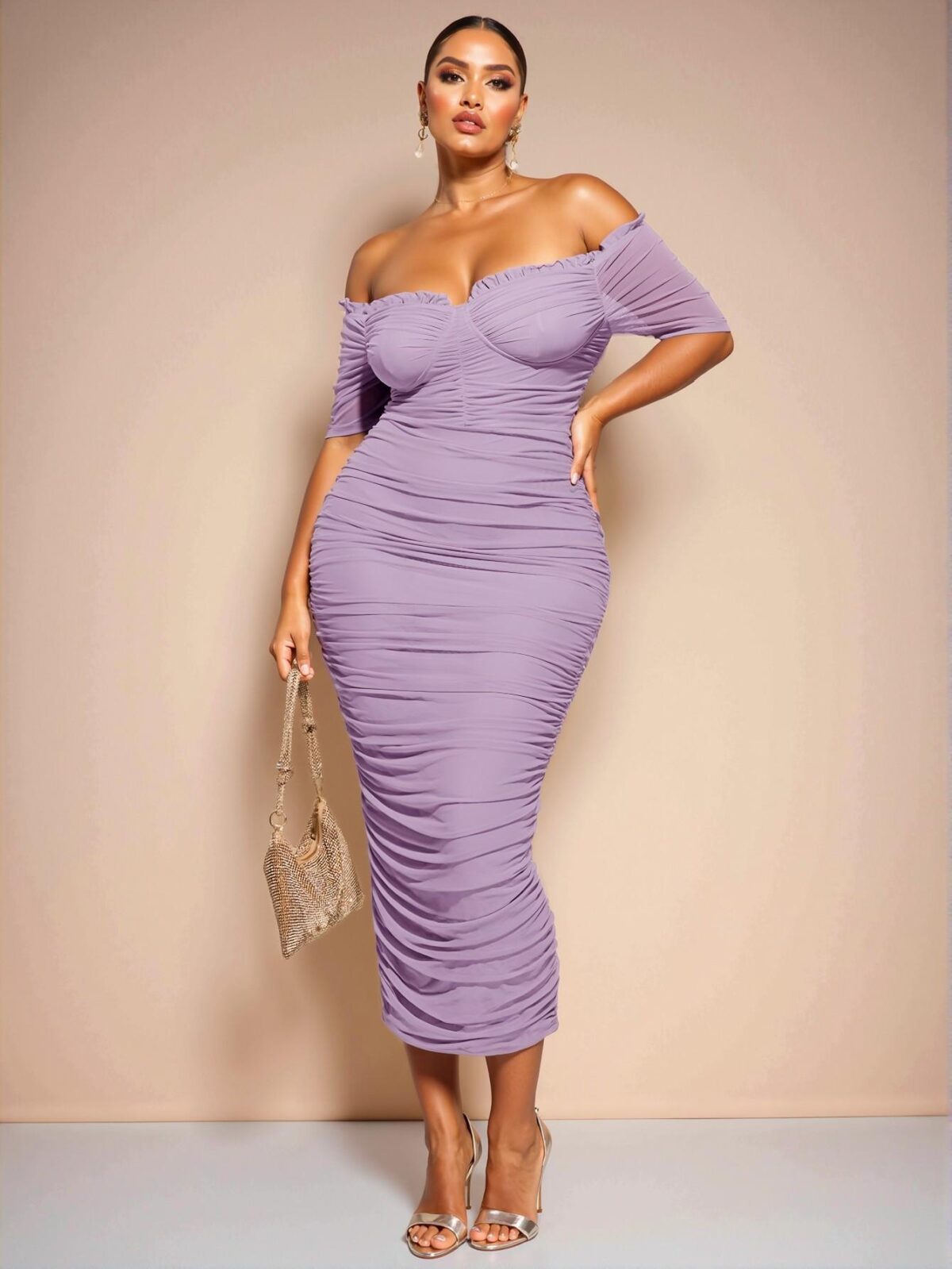 Elegant Mauve Purple Sophisticated One-Shoulder Gathered Midi Dress for Women’s Birthdays - Chic, Classy and Trendy Fashion Style to Dress to Impress - Image 4