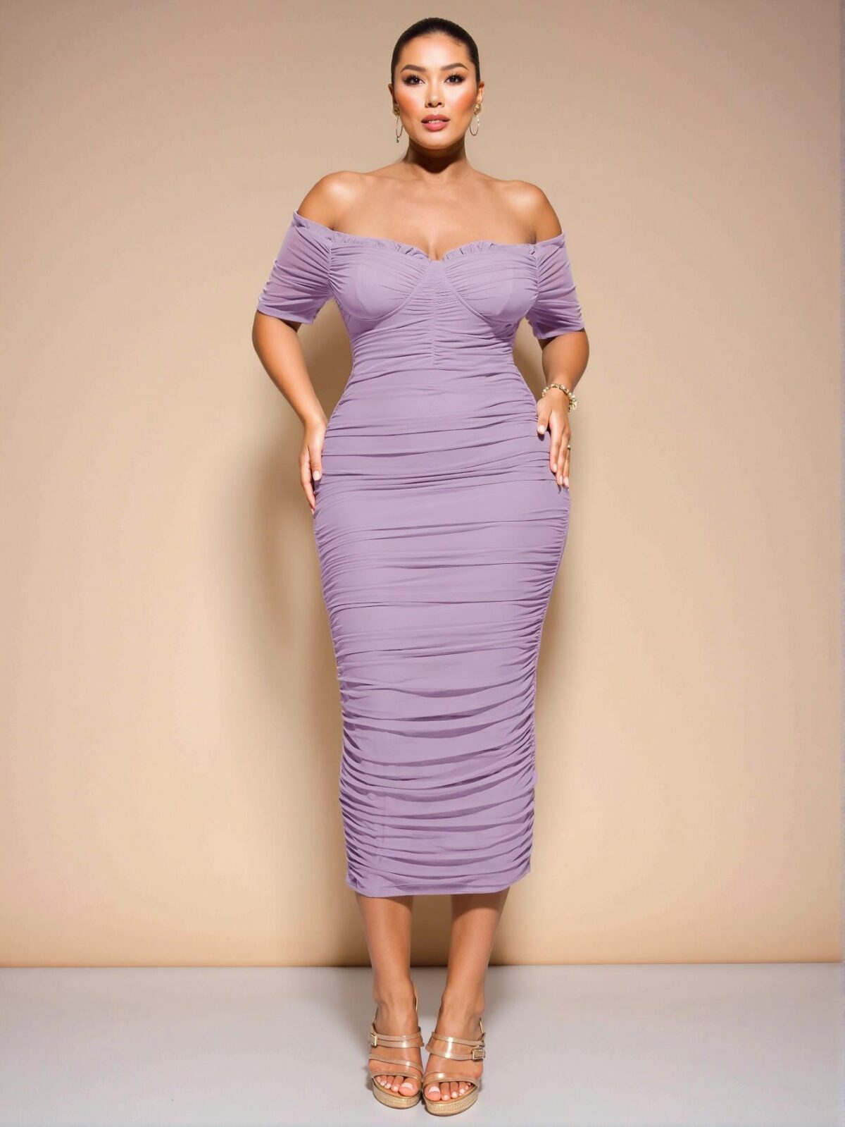 Elegant Mauve Purple Sophisticated One-Shoulder Gathered Midi Dress for Women’s Birthdays - Chic, Classy and Trendy Fashion Style to Dress to Impress - Image 5